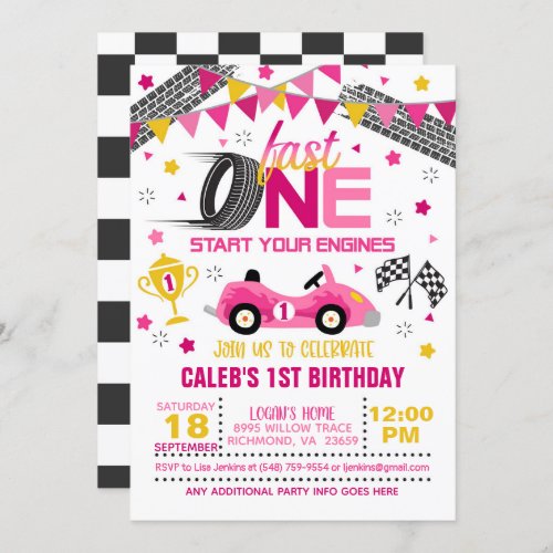 Fast One Racing First Birthday Invitation _ Girl