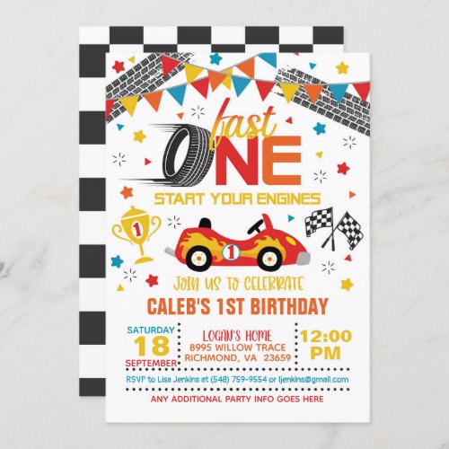 Fast One Racing First Birthday Invitation _ White
