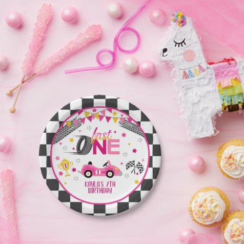 Fast One Racing First Birthday Paper Plate _ Pink