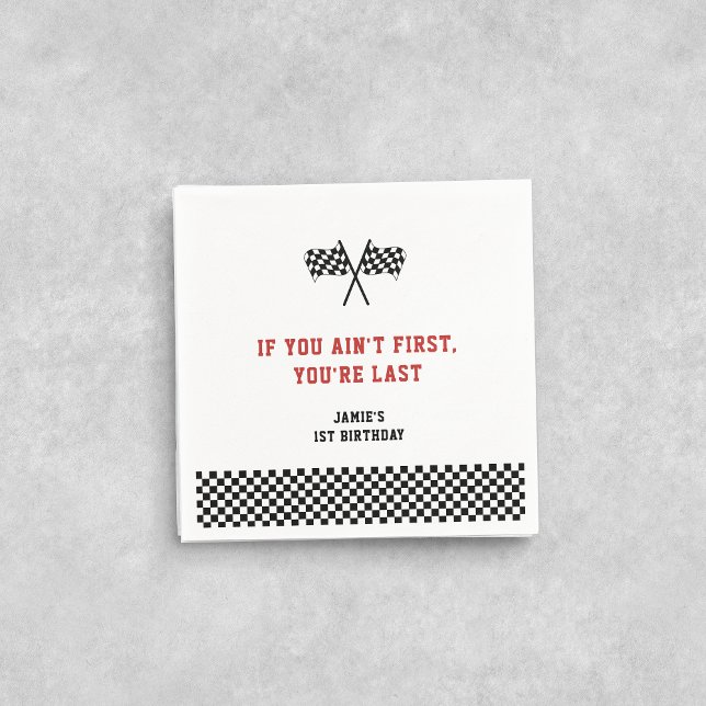 Fast One Racing Minimalist 1st Birthday Napkins (if you ain't first you're last, 1st birthday custom personalized napkins)