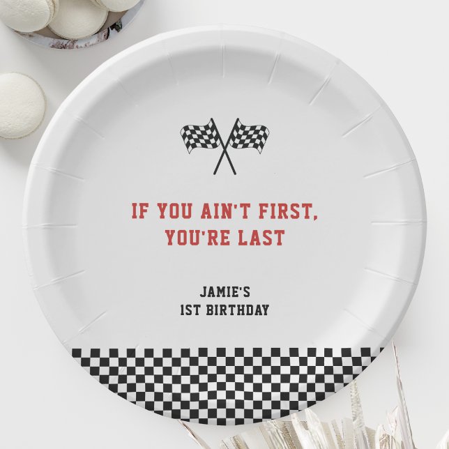 Fast One Racing Minimalist 1st Birthday Paper Plates (If you ain't first, you're last Racing Birthday Boy's 1st Birthday)