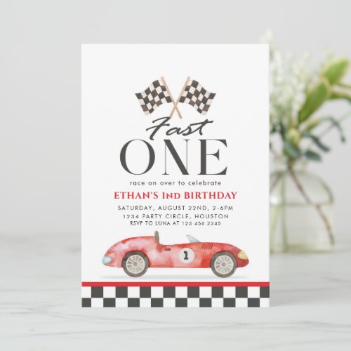 Fast One Racing Red Car First Birthday Invitation