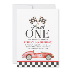 Fast One Racing Red Car First Birthday Invitation