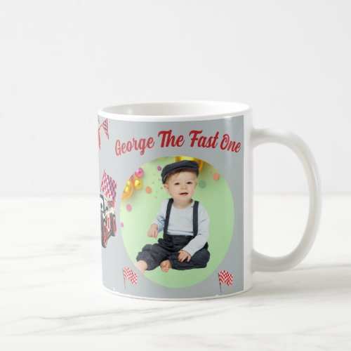 Fast One  Red & Black Race Car 1st Birthday Photo Coffee Mug