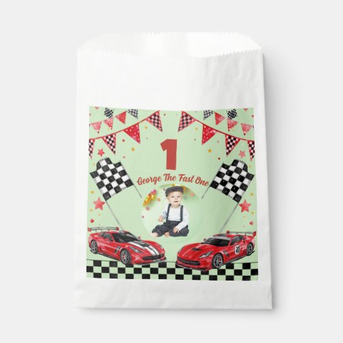 Fast One Red & Black Race Car  1st Birthday Photo Favor Bag