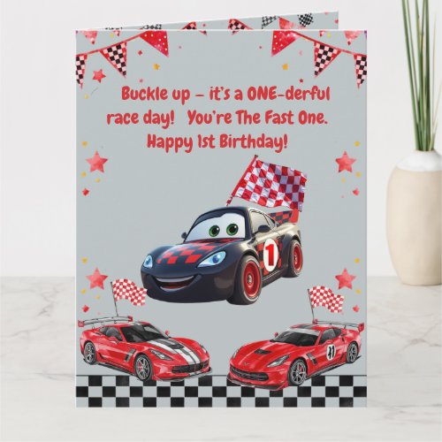 Fast One Red & Black Race Car Kids Photo Birthday Card