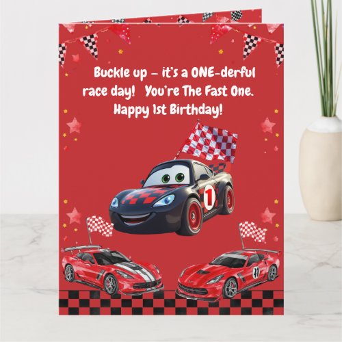 Fast One Red & Black Race Car Kids Photo Birthday  Card