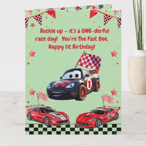 Fast One Red & Black Race Car Kids Photo Birthday Card