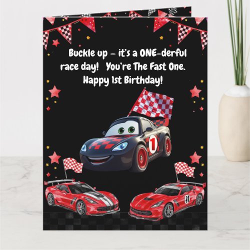 Fast One Red & Black Race Car Kids Photo Birthday  Card