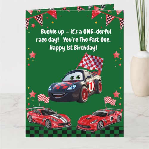 Fast One Red & Black Race Car Kids Photo Birthday  Card