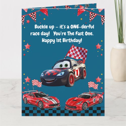 Fast One Red & Black Race Car Kids Photo Birthday Card