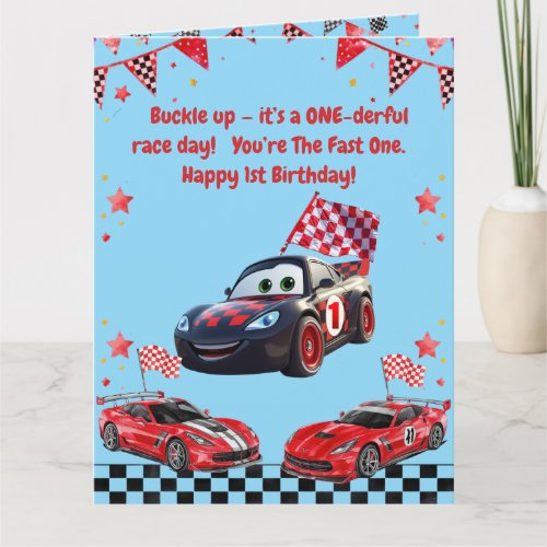Fast One Red & Black Race Car Kids Photo Birthday Card