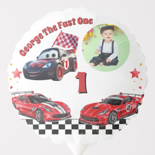 Fast One Red & Black Race Car Photo 1st Birthday Balloon