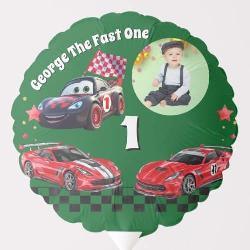 Fast One Red & Black Race Car Photo 1st Birthday Balloon