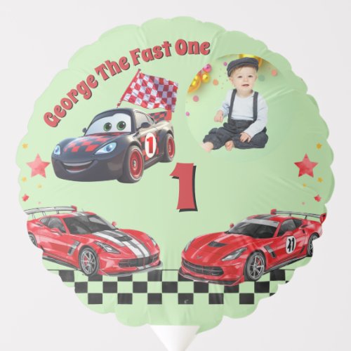 Fast One Red & Black Race Car Photo 1st Birthday Balloon