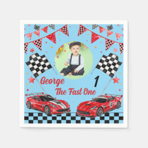 Fast One Red & Black Race Car Photo 1st Birthday Napkins