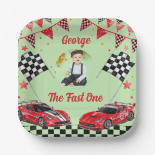 Fast One Red & Black Race Car Photo 1st Birthday Paper Plates