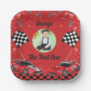 Fast One Red & Black Race Car Photo 1st  Birthday Paper Plates