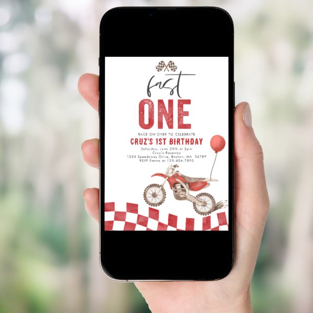Fast One Red Dirt Bike Boy 1st Birthday Party  Invitation (Front Digital)