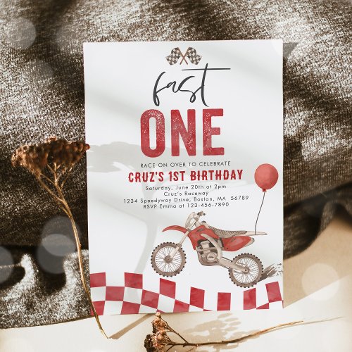 Fast One Red Dirt Bike Boy 1st Birthday Party  Invitation