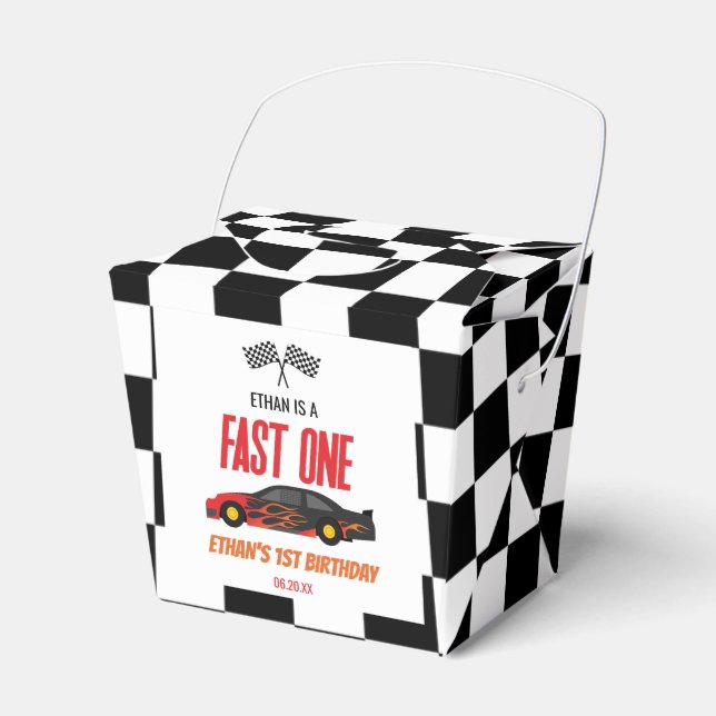 Fast One Red Flame Race Car 1st Birthday Party Favor Boxes (Front Side)