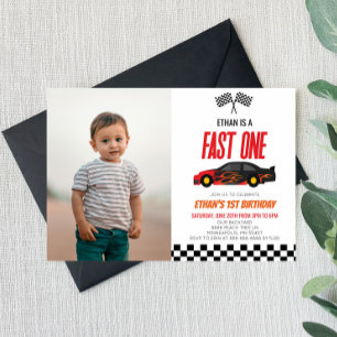 Fast One Red Flame Race Car 1st Birthday Party Invitation