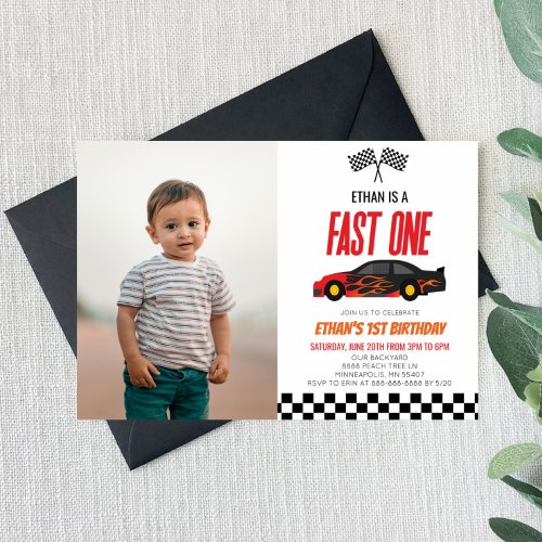 Fast One Red Flame Race Car 1st Birthday Party Invitation