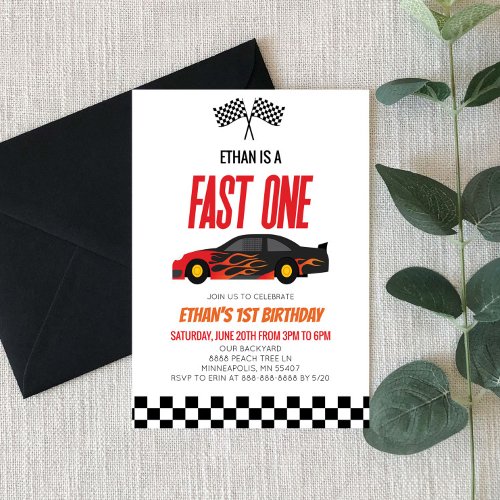 Fast One Red Flame Race Car 1st Birthday Party Invitation