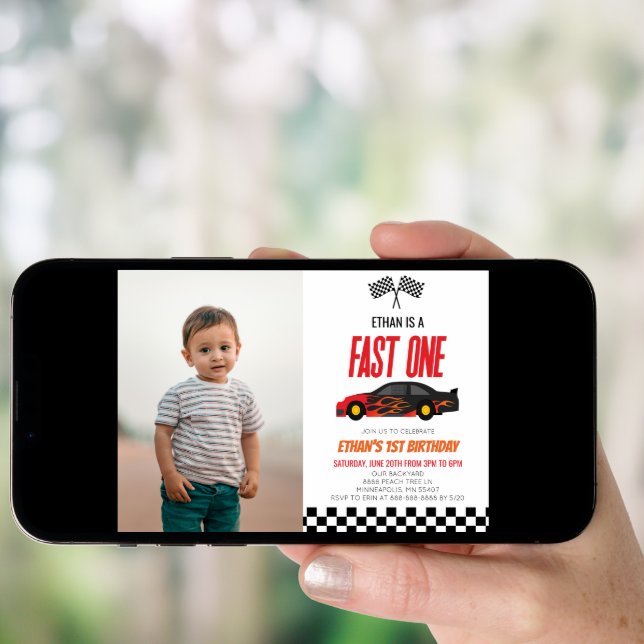Fast One Red Flame Race Car 1st Birthday Party Invitation (Front Digital)
