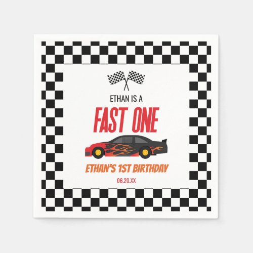 Fast One Red Flame Race Car 1st Birthday Party Napkins