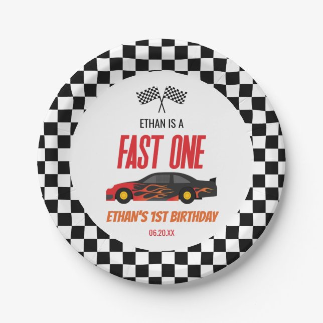 Fast One Red Flame Race Car 1st Birthday Party Paper Plates (Front)