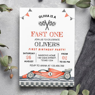 Fast One Red Race Car 1st Boy Birthday Invitation