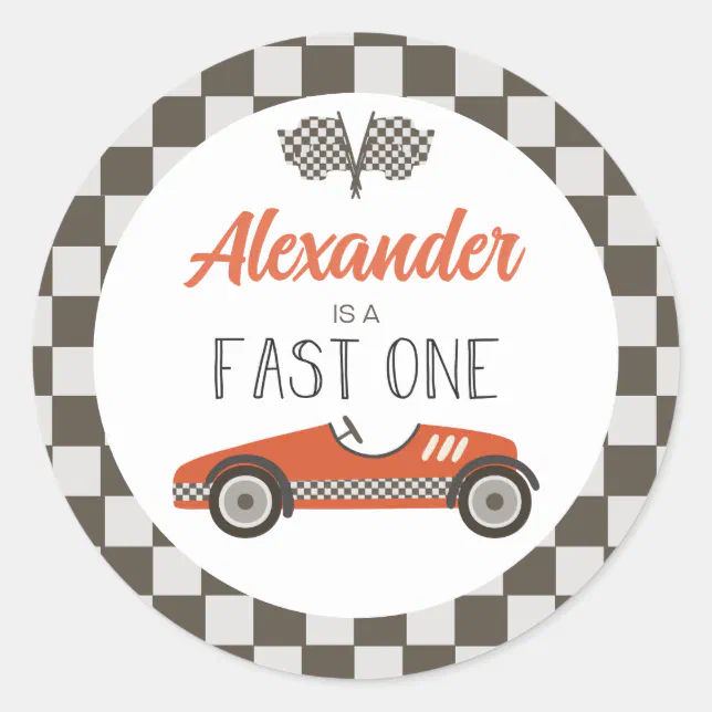 Fast One red Race Car Birthday Classic Round Sticker | Zazzle