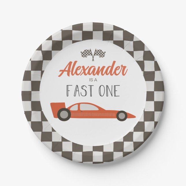 Fast One Red Race Car Birthday Paper Plates (Front)