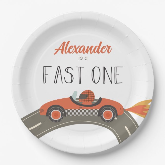Fast One red Race Car Birthday Paper Plates (Front)