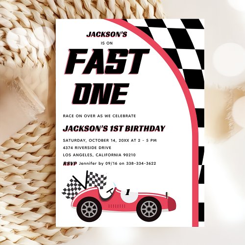 Fast One Red Race Car Birthday Party  Invitation