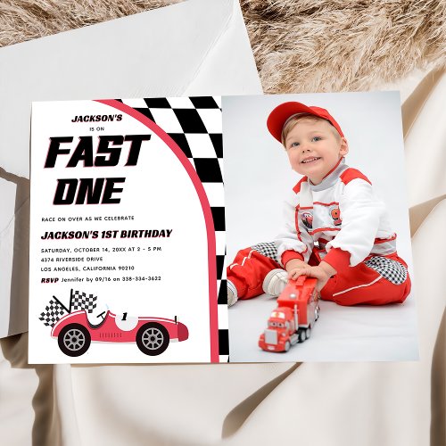 Fast One Red Race Car Birthday Party Photo Invitation