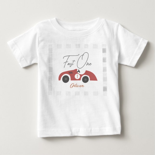 Fast One Red Race Car Boy 1st Birthday Baby T-Shirt (Front)