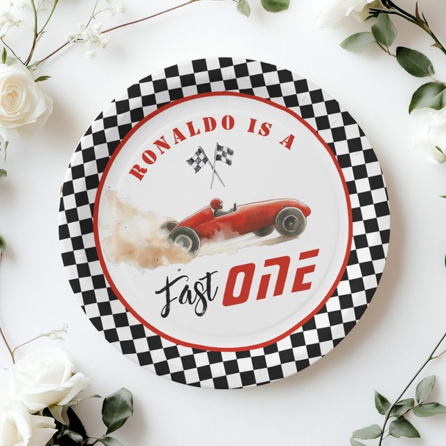 Fast One Red race car Boy 1st Birthday Balloon Paper Plates (Creator Uploaded)