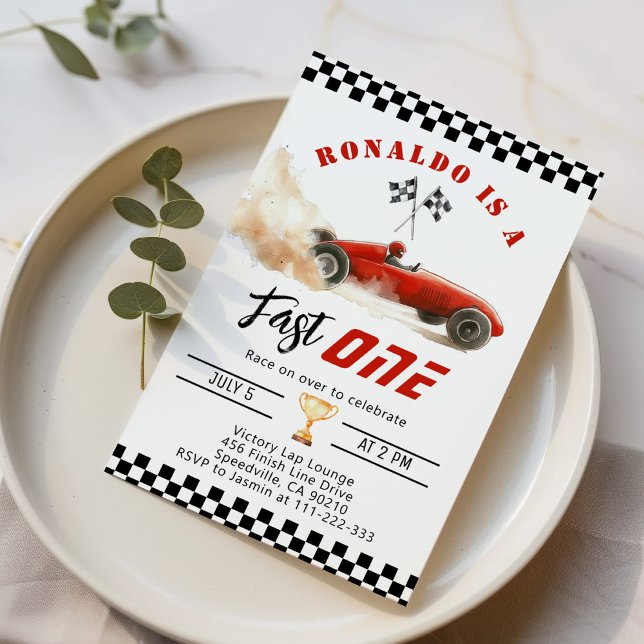 Fast One Red race car Boy 1st Birthday Invitation (Creator Uploaded)
