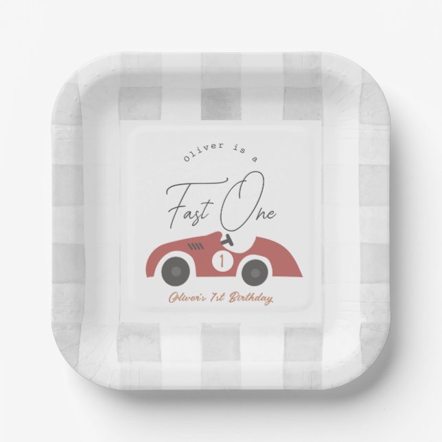 Fast One Red Race Car Boy 1st Birthday Paper Plates (Front)
