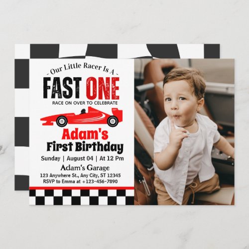 Fast One Red Race Car Boy 1st Birthday Party  Invitation