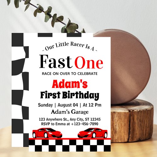 Fast One Red Race Car Boy 1st Birthday Party  Invitation