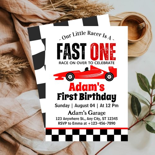 Fast One Red Race Car Boy 1st Birthday Party  Invitation