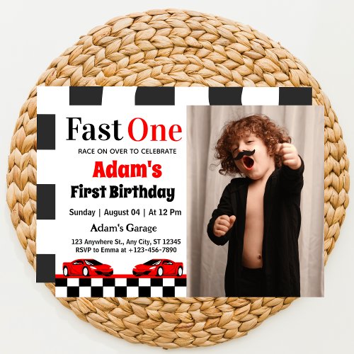 Fast One Red Race Car Boy 1st Birthday Party Photo Invitation