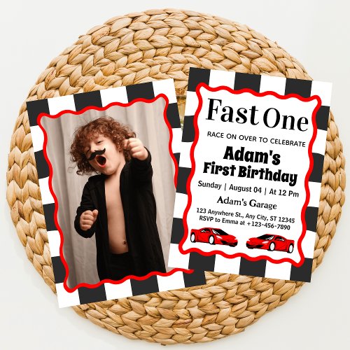 Fast One Red Race Car Boy 1st Birthday Party Photo Invitation