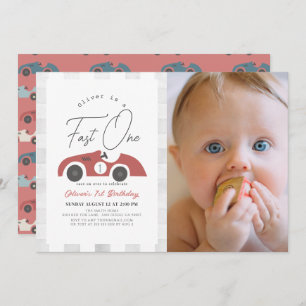 Fast One Red Race Car Boy 1st Birthday Photo Invitation