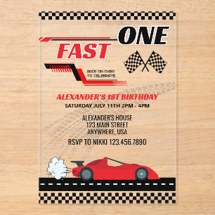 Fast one red race car kids birthday acrylic invitations