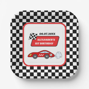 Fast one red race car racing boy 1st birthday  paper plates