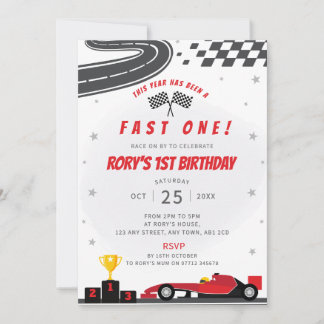 Fast One Red Racing Car 1st Birthday Party Invite